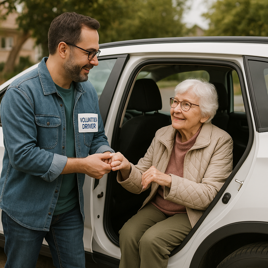 Volunteer driver helping an elderly rider out of a car